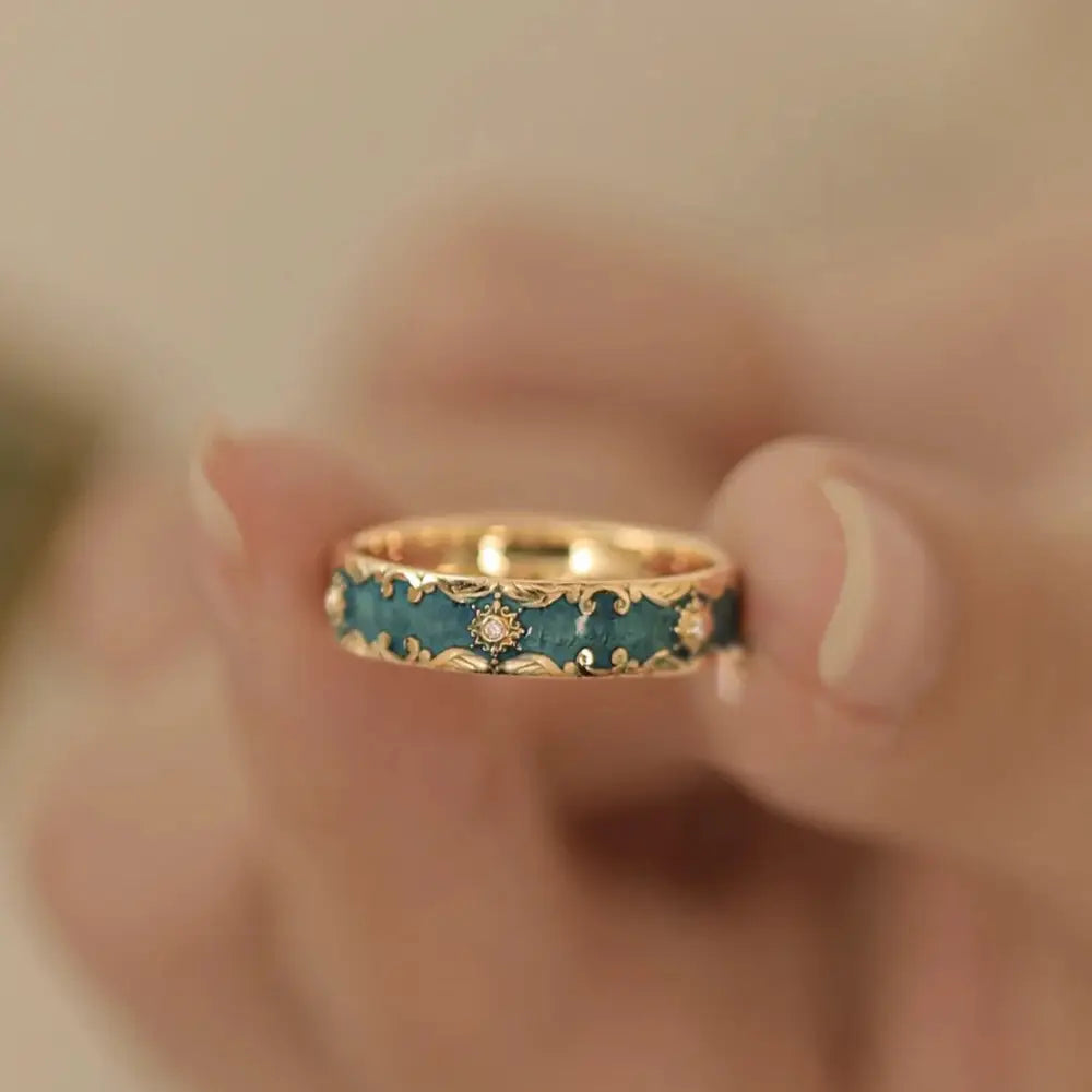 Bague ajustable vintage en cuivre avec malachite synthétique et zircone