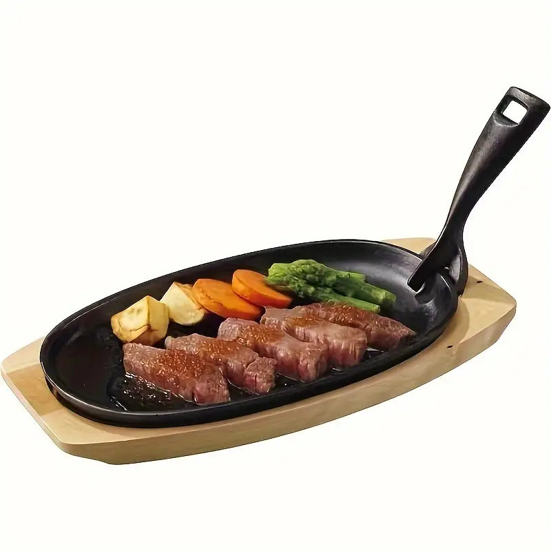 Cast Iron Griddle Pan Set – Steak & BBQ Pan with Wooden Tray & Fork