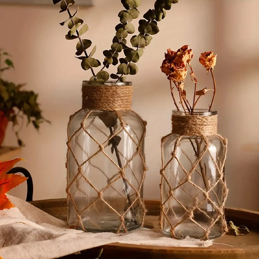 1/2pcs Vintage Bohemian Flower Vase Hand-woven Transparent Glass Cylinder Vase