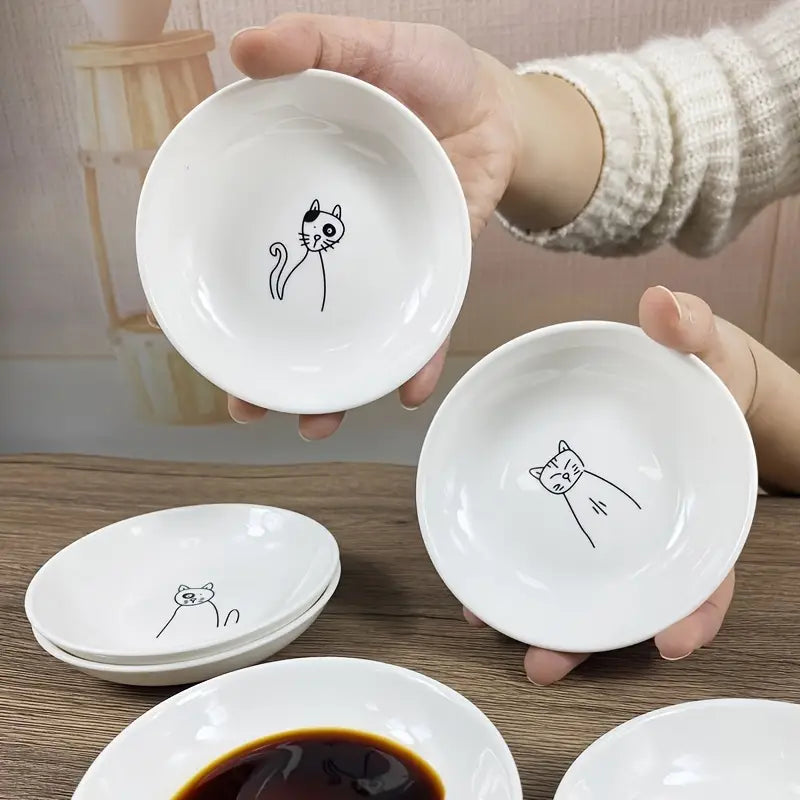 6PCS Cat-Themed Dipping Bowls – Mini Ceramic Sauce Dishes, Gift Set, Dishwasher Safe