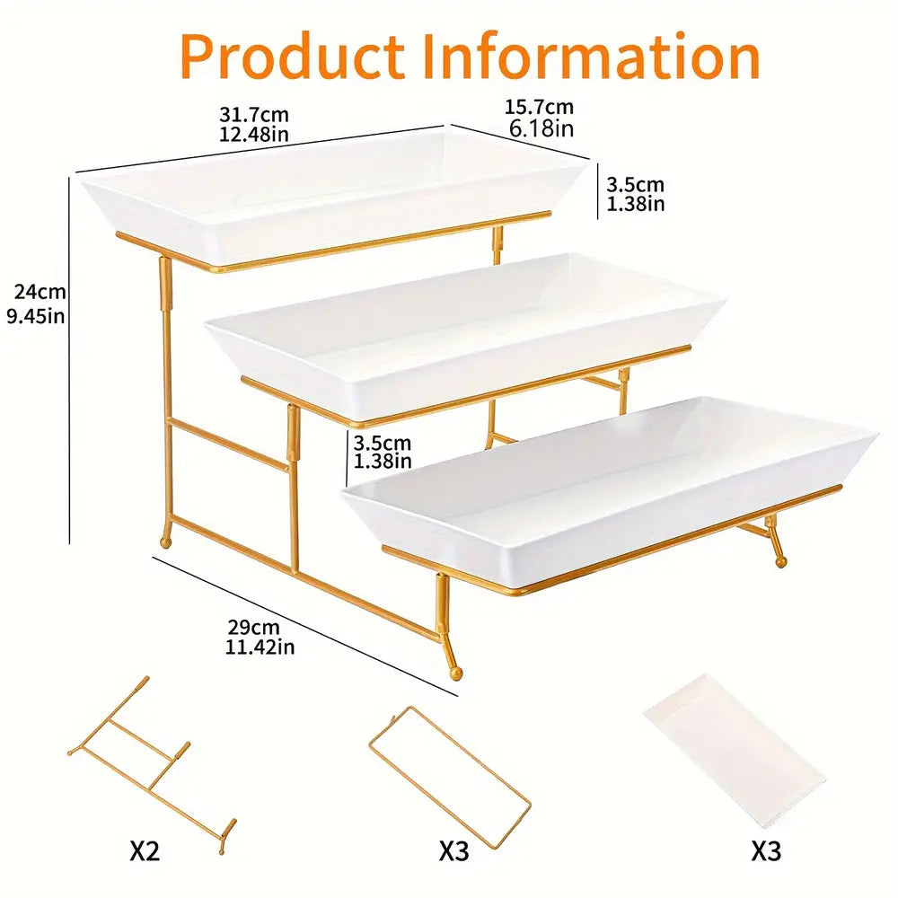Présentoir à gâteaux pliable à 3 niveaux avec cadre en métal durable et 3 plateaux en plastique