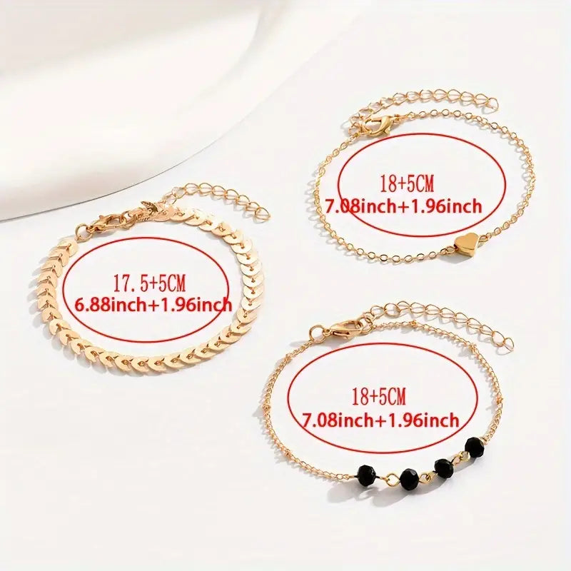 3 Pcs Set Of Tiny Golden Bracelet With Black Beads Heart Design