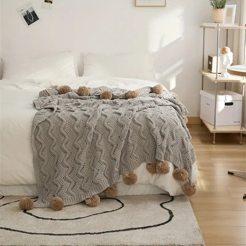 Beige Knit Throw Blanket with Pom Poms - Soft Sofa Bed Cover