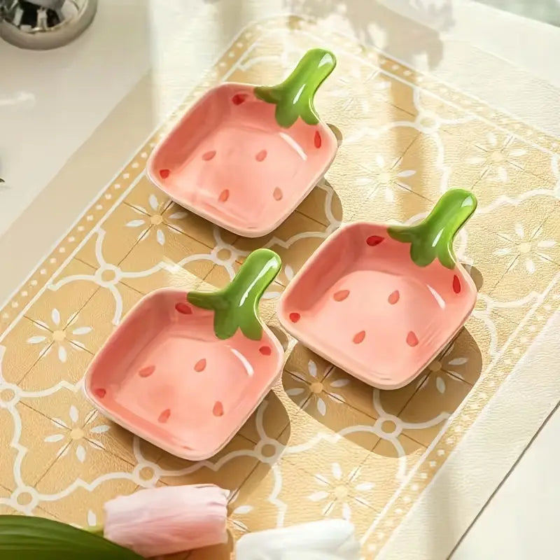 2PCS Strawberry Sauce Dishes – Handled Ceramic Plates for Snacks & Cheese