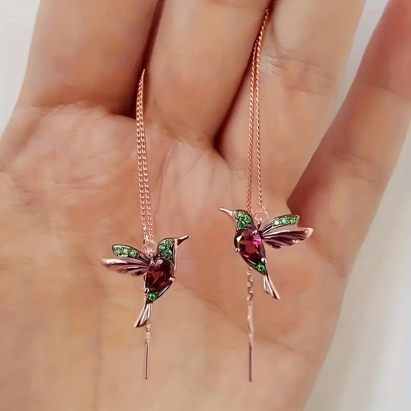 Hummingbird Tassel Drop Earrings with Synthetic Emerald