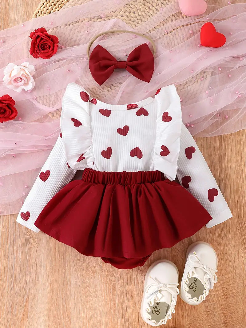 Ensemble combinaison et bandeau pour bébé fille à imprimé cœurs | Tenue douillette pour le printemps et l'automne