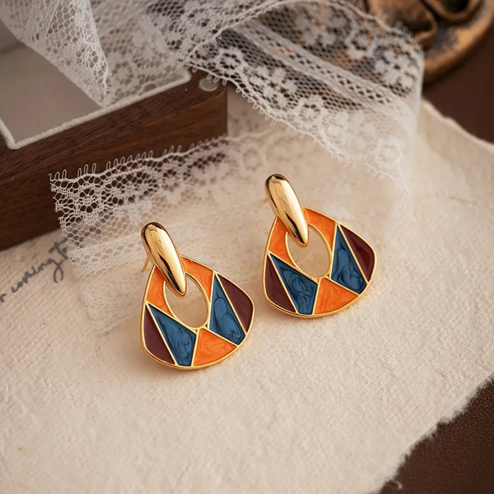 Boucles d'oreilles pendantes géométriques en émail plaqué or, style bohème vintage