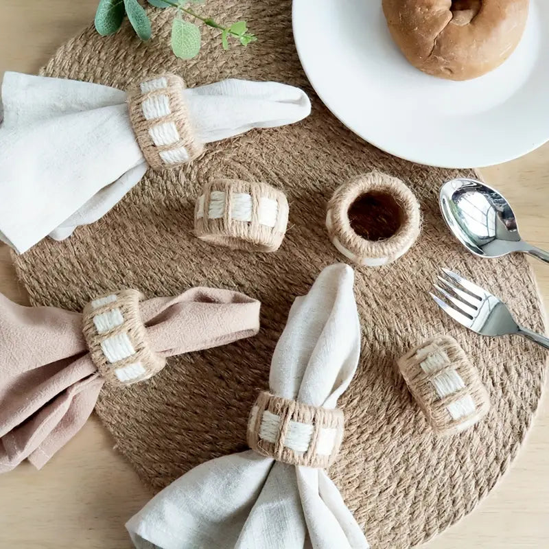 Jute Woven Napkin Rings (6-Piece) - Natural Woven Cylinder Holders