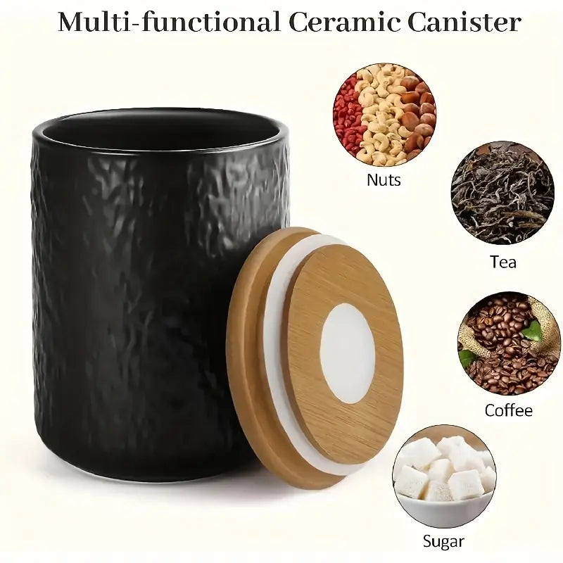 1PC Ceramic Storage Jar – Rock Pattern with Bamboo Lid – Kitchen Organizer