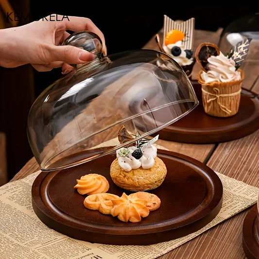 Wooden Round Dessert Plate with Glass Dome Cover - Natural Wood Serving Tray for Cakes
