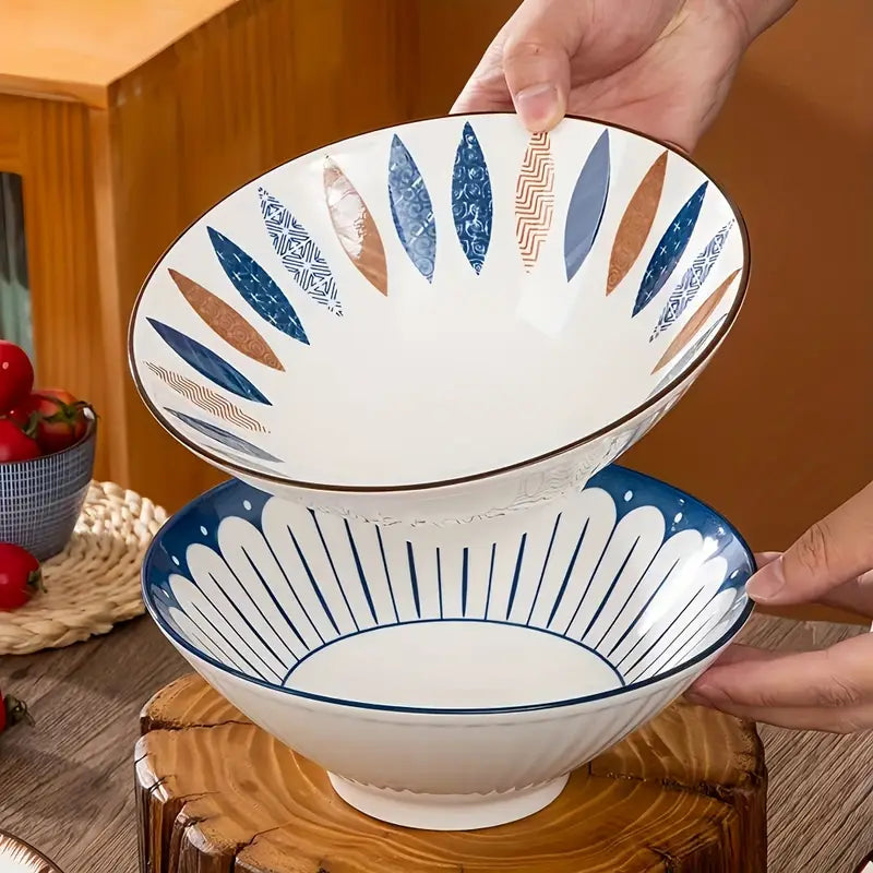 2PCS Japanese High-Leg Bowls – Large Ceramic Ramen & Salad Bowls Set