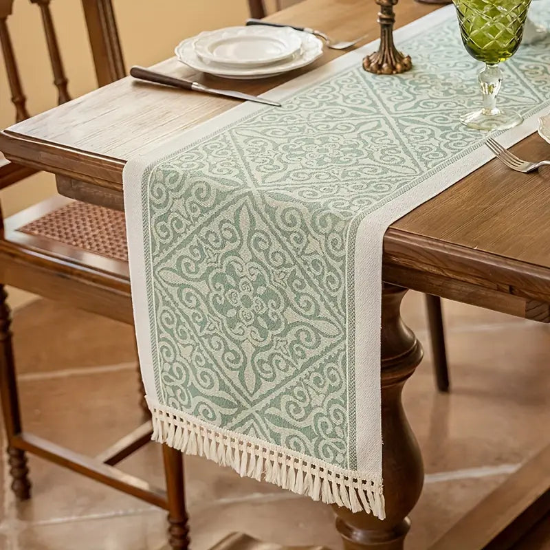 Green Floral Table Runner with Tassels – Festive Decor for Dining & Weddings