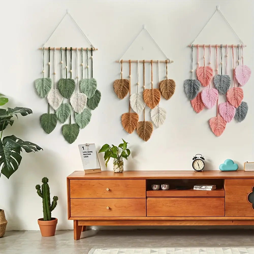 Creative Hand Woven Leaf Forest Shaped Pendant, Bohemian Style Home Wall Decoration