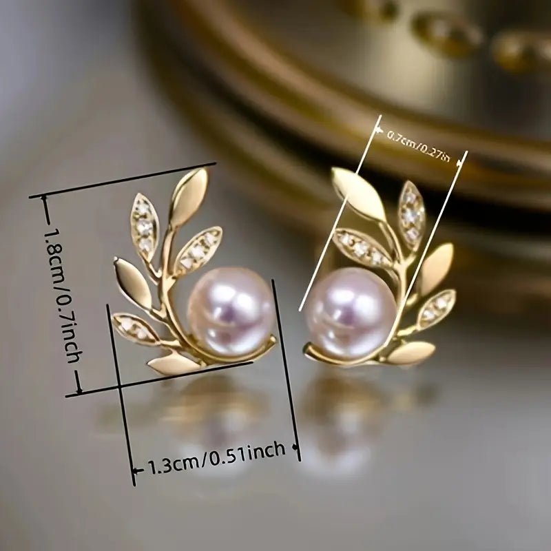 1 Pair of Women's Fashion Earrings with Imitation Pearl Golden Leaf