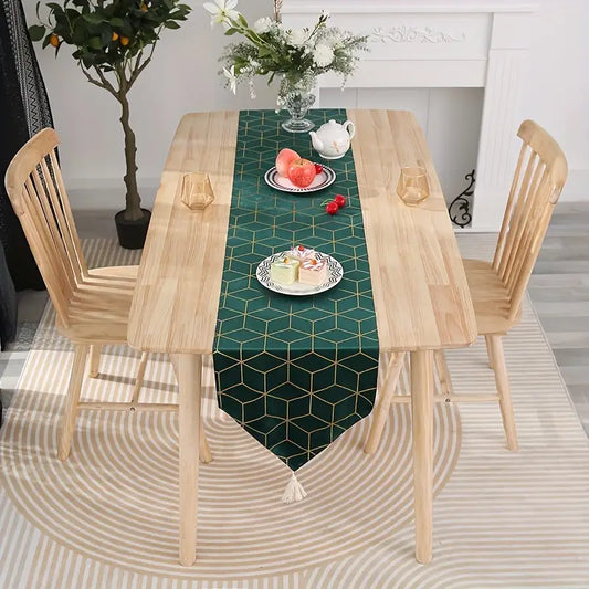 1pc Green Prismatic Gilded Table Runner With Tassel
