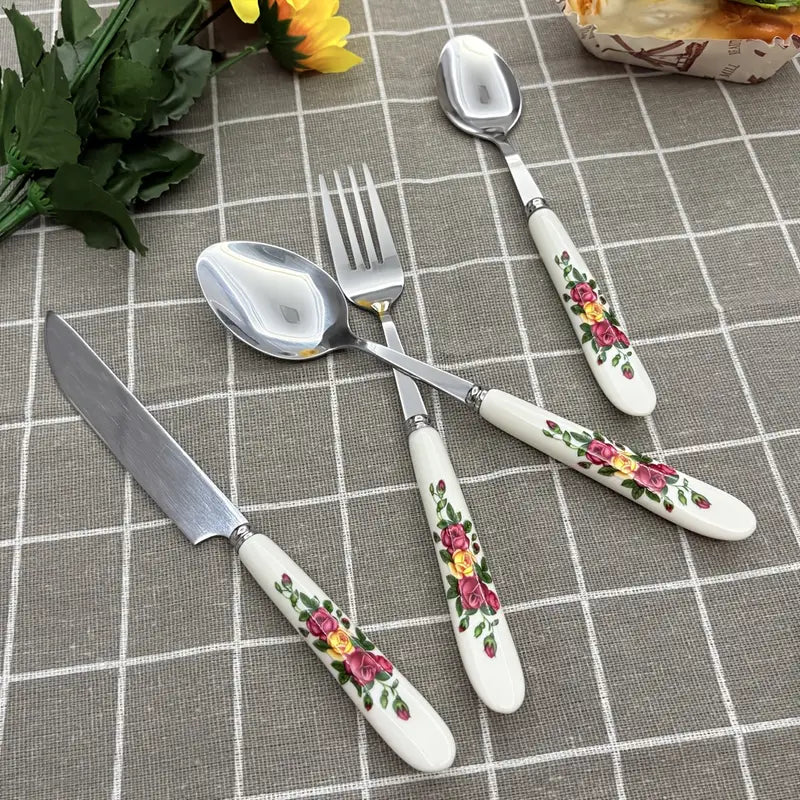 Floral Cutlery Set 24pc: Stainless Steel, Ceramic Handles