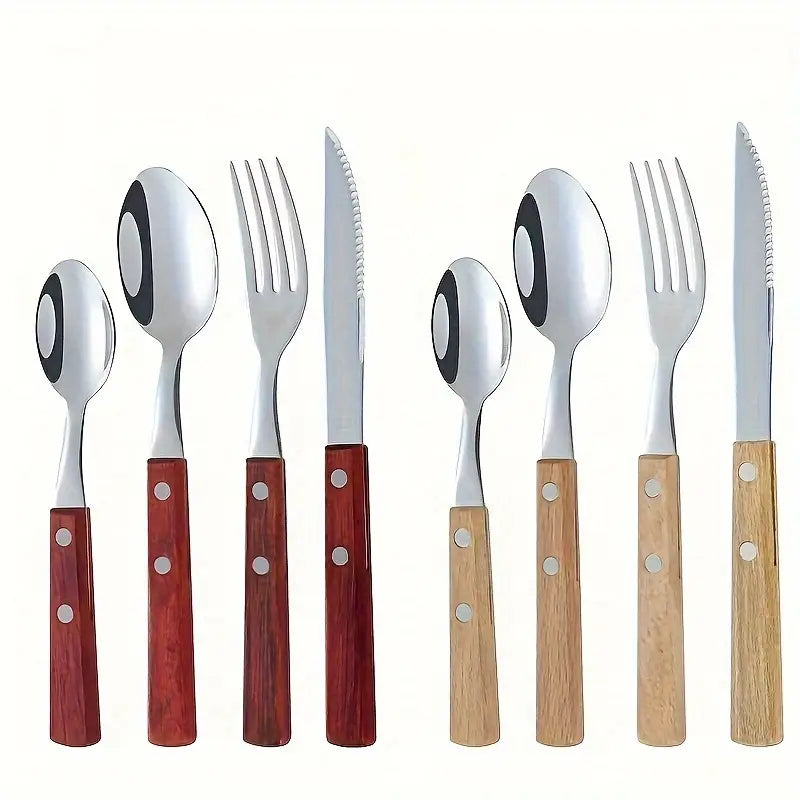 16-Piece Stainless Steel Flatware Set with Imitation Pear Flower Wooden Handles
