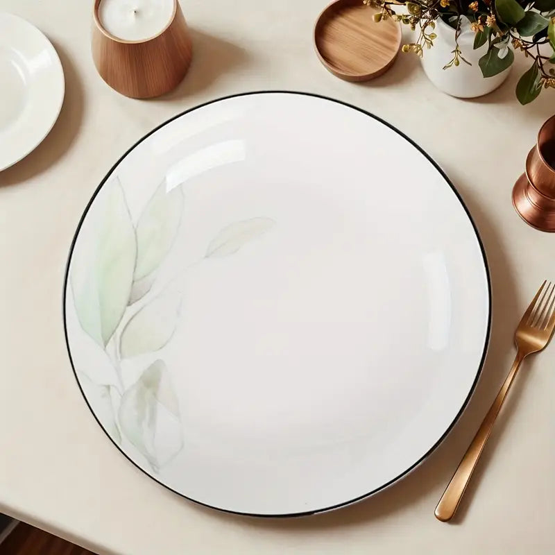 Elegant Floral Ceramic Plate – Round White Dish with Black Rim for Salad