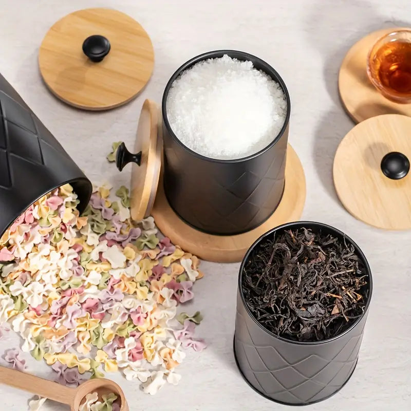 Black Metal Airtight Jars - Coffee Tea Candy Storage - Bamboo Lids