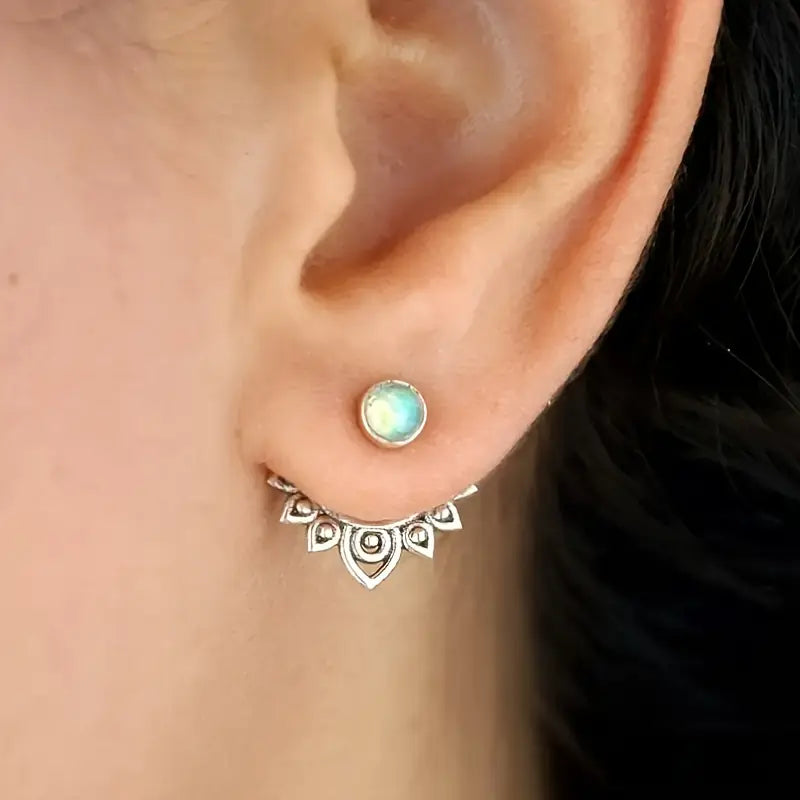 Lotus Stud Earrings Retro Bohemian Style with Gemstones