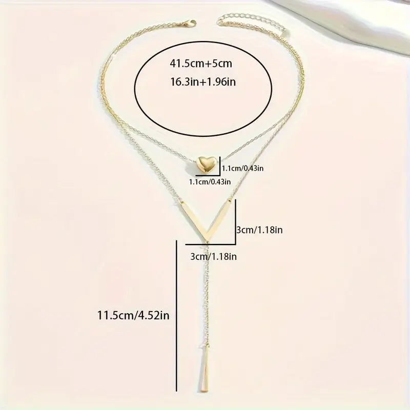 Heart Layered Necklace Women Gold V Pendant Tassel