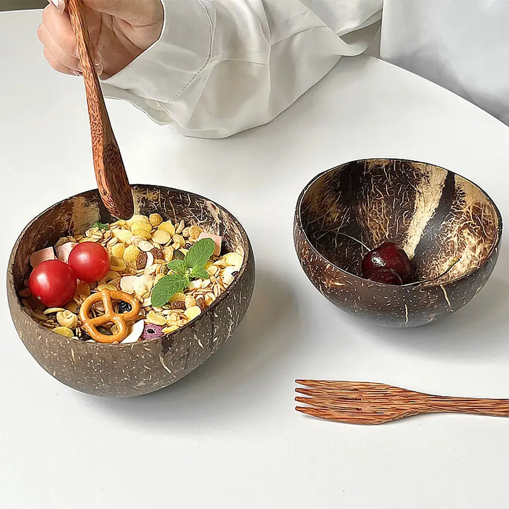 2pcs Handmade Oval Coconut Shell Bowls Set with 1 Wooden Spoon and Fork