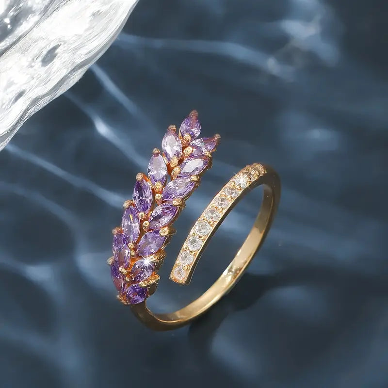 Gold Cuff Ring Adjustable Zirconia Leaves Copper