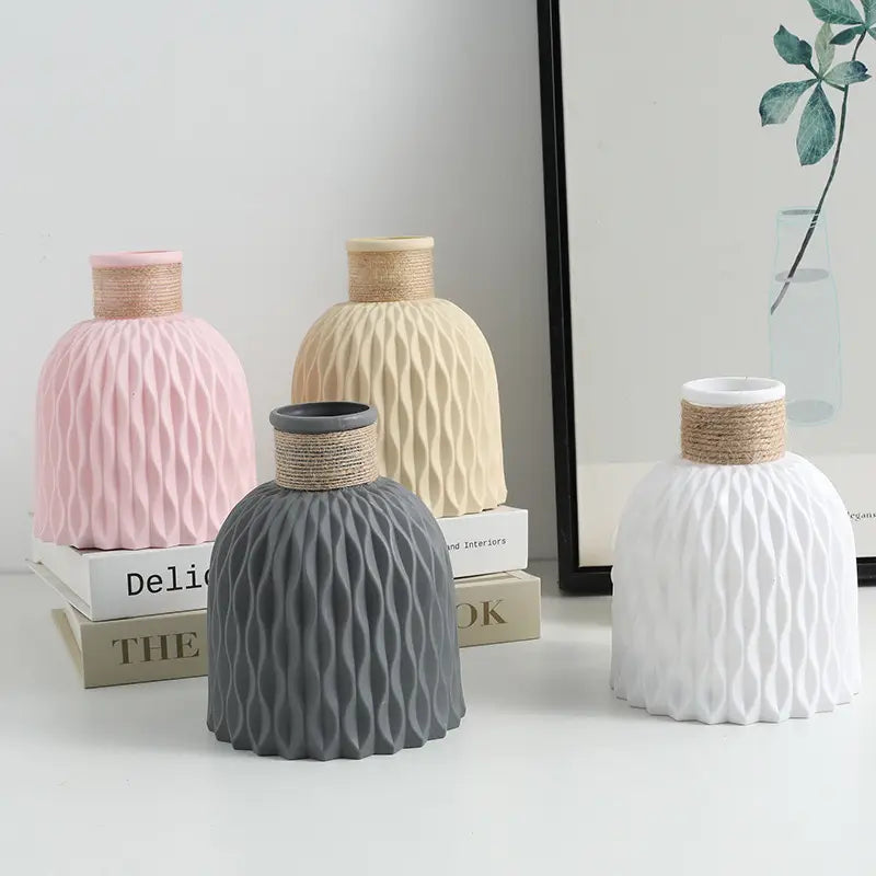 Elegant Morandi-Inspired Water Ripple Vase - Durable Plastic, Non-Slip Hemp Rope Design