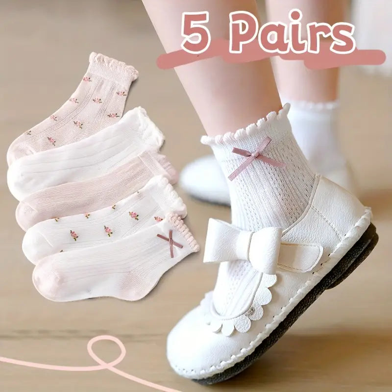 5 Pairs Cartoon Bowknot Socks | Breathable Mesh Crew Socks for Girls