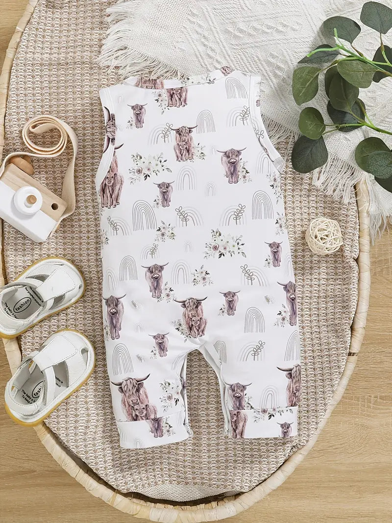 Barboteuse bébé à imprimé vache | Combinaison sans manches style bohème pour tout-petits