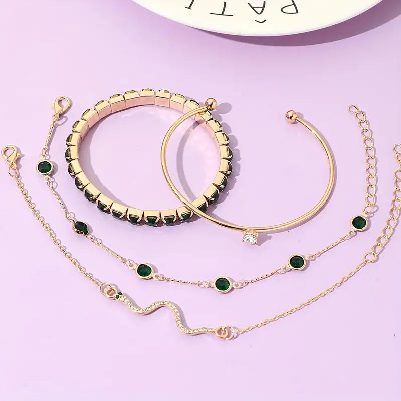 Green Gemstone Snake Bracelet Bangle Set Women