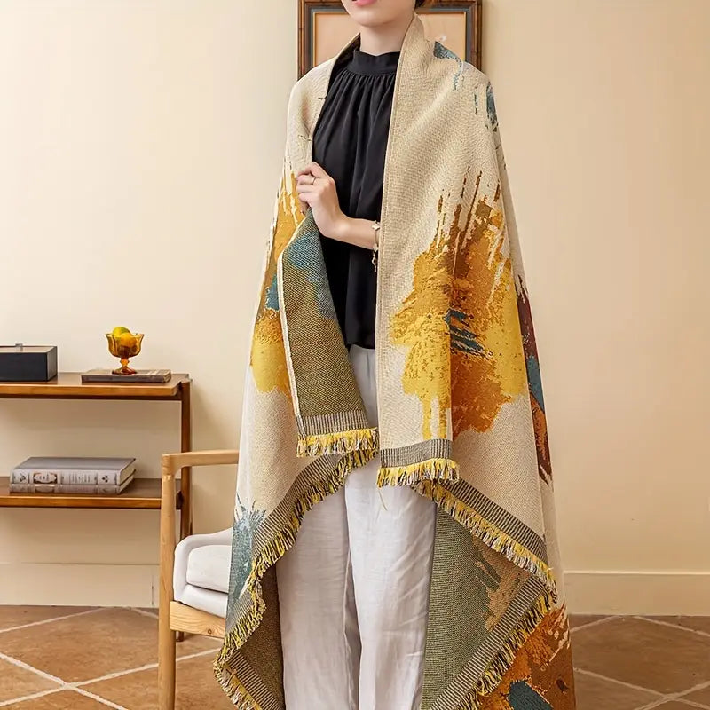 Contemporary Jacquard Woven Throw Blanket with Fringe, Polyester, All-Season Multipurpose