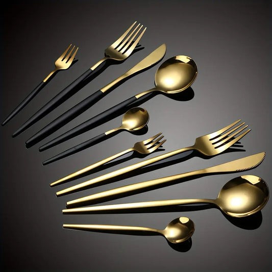 30pcs Elegant Stainless Steel Portuguese Cutlery Set - Sleek Black Handles, Golden Finish