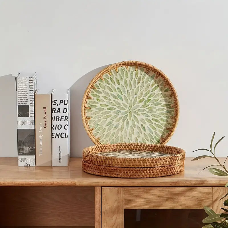Round Rattan Tray - Blue Floral Leaf Decor - Rustic Serving Tray