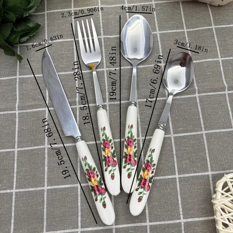 Floral Cutlery Set 24pc: Stainless Steel, Ceramic Handles