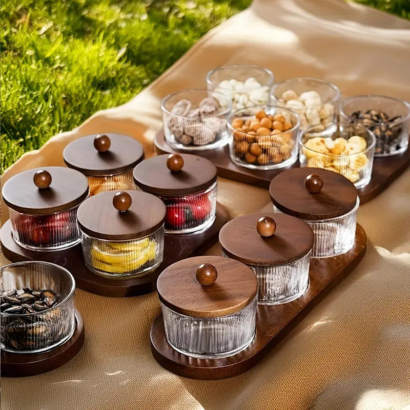 3/4/5/7PC Glass Snack Jar Sets – Wood Lids & Trays – Kitchen & Living Use