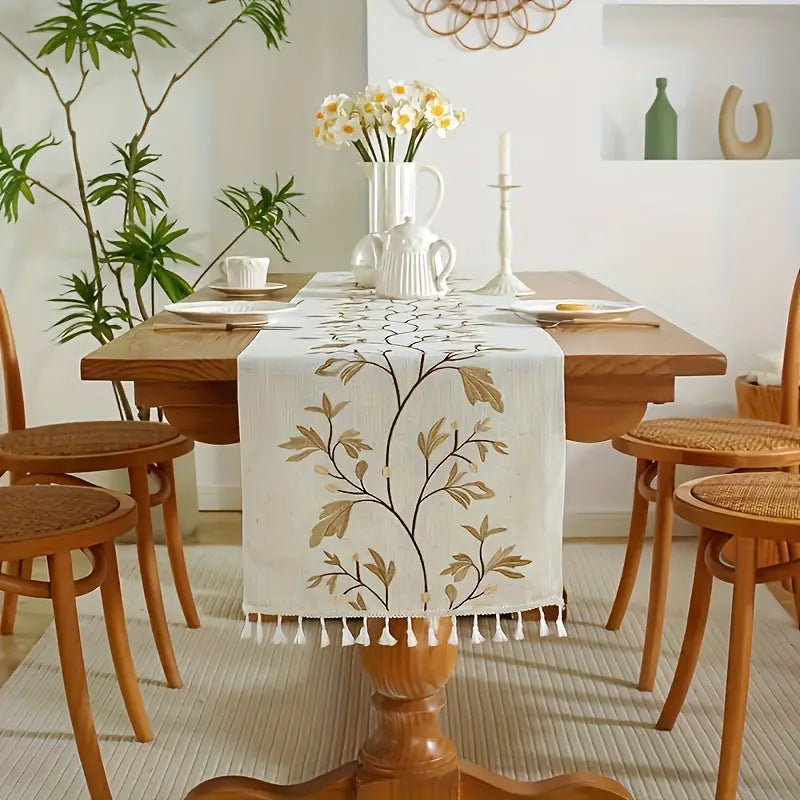 Embroidered Floral Table Runner – Woven Polyester Dining Decor with Tassels
