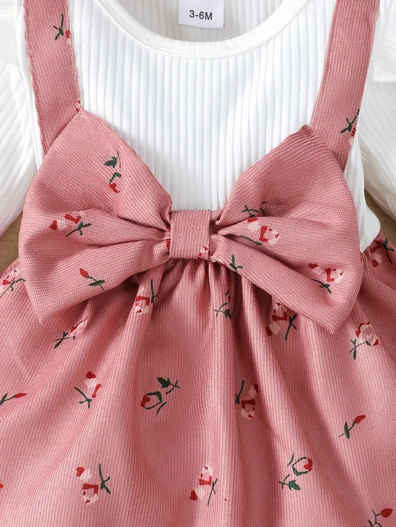 Robe en velours côtelé pour bébé fille | Ensemble deux pièces à manches longues et imprimé floral et nœud