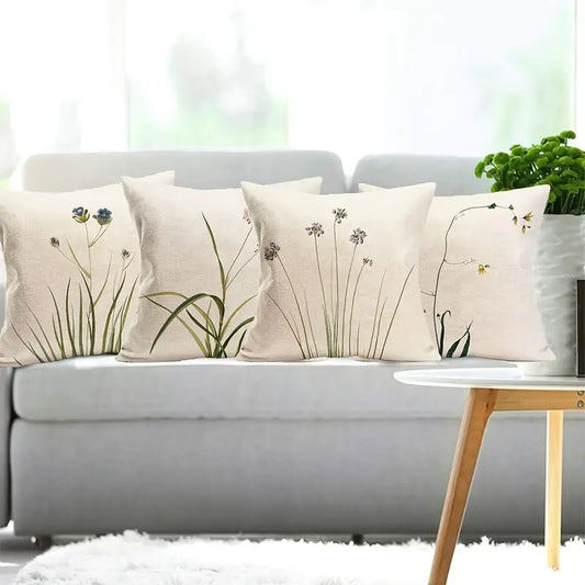 Lot de 4 housses de coussin décoratives en lin rustique, motif floral printanier