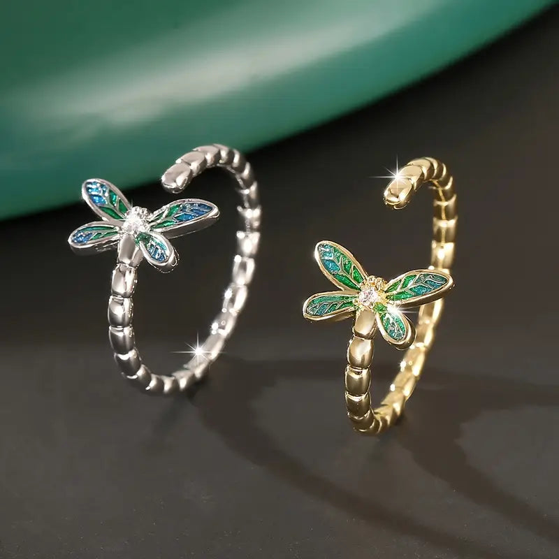 Adjustable Copper Dragonfly Ring - Vintage Gemstone Jewelry