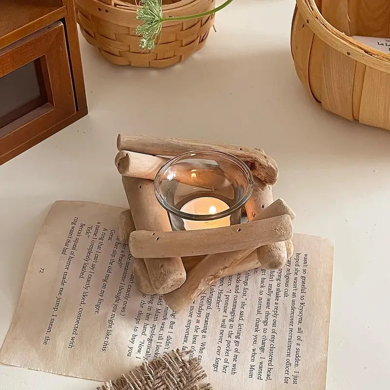 Floating Candle Holders - Wood & Glass - Holiday Decor Set
