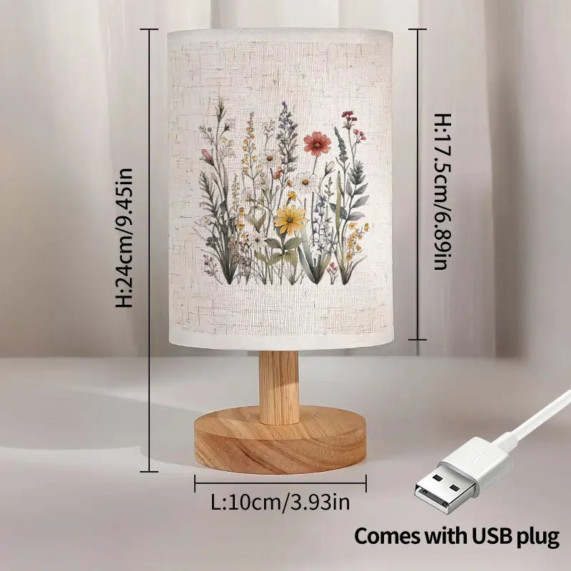 Floral Table Lamp - USB Powered, Warm Light, Wood Base