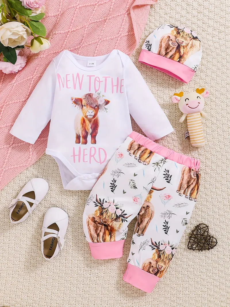 Ensemble 2 pièces pour bébé fille | Body, bonnet et pantalon à imprimé vache