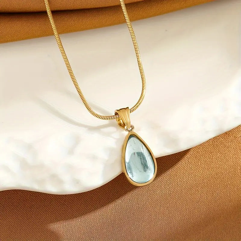 18K Gold Water Drop Necklace - Vintage Pendant Jewelry