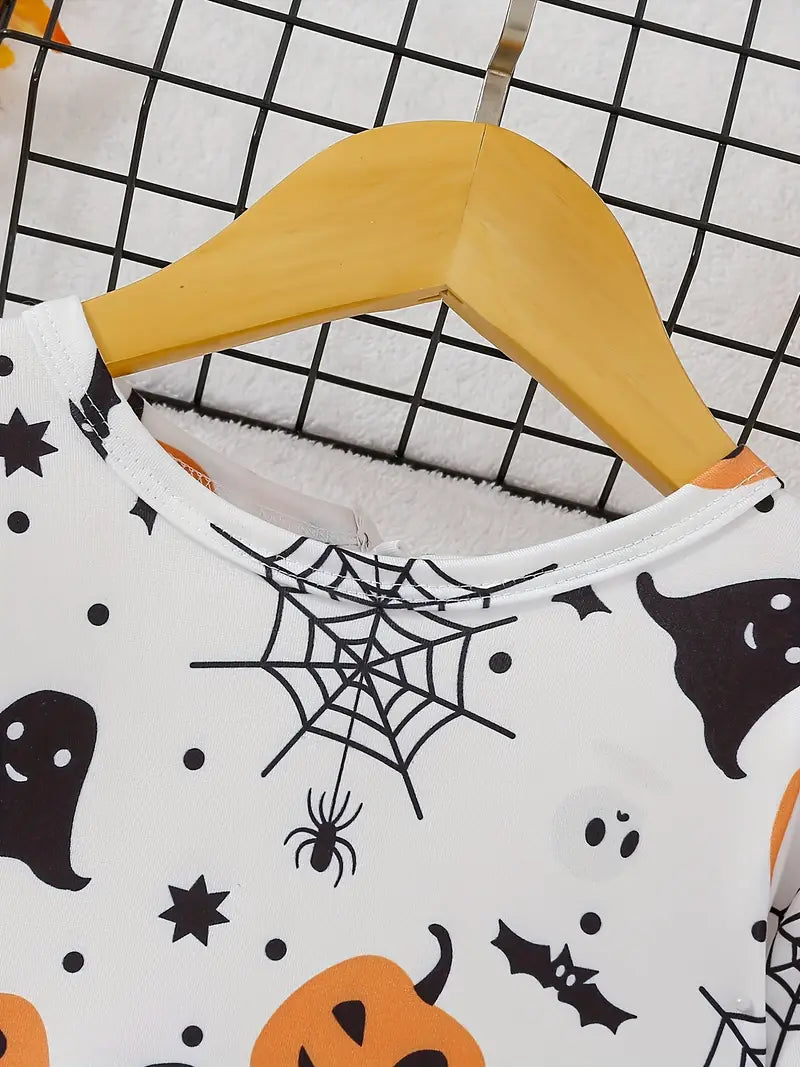 Robe d'Halloween pour bébé fille | Tenue à manches longues à imprimé citrouille, fantôme et chat