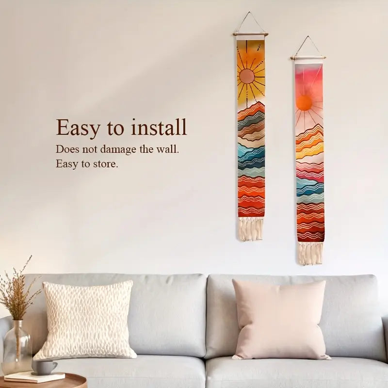 2pcs Handmade Cotton Wall Tapestry, Sun and Moon Desert Landscape with Tassels