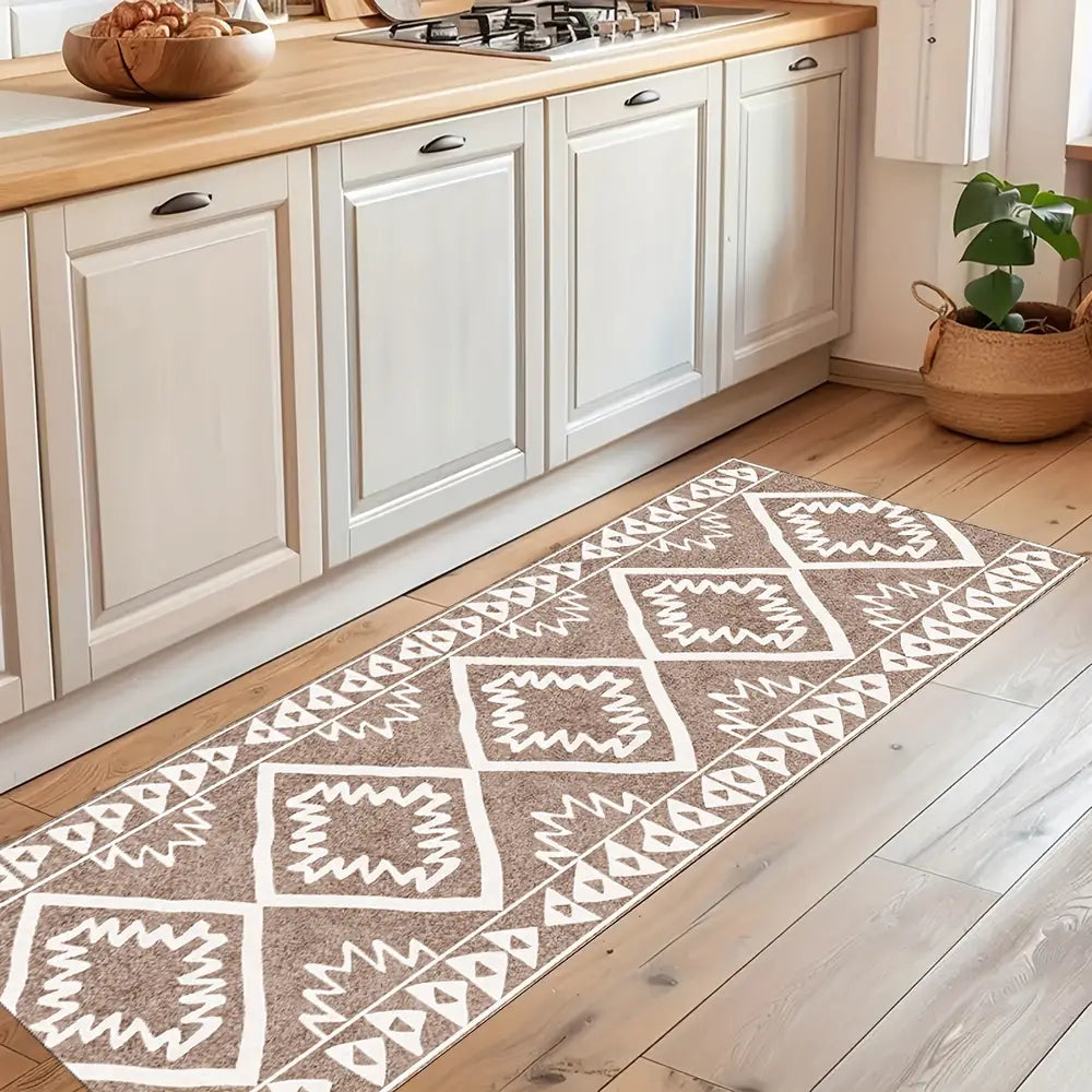 Brown Aztec Geometric Print Rug: Water Washable