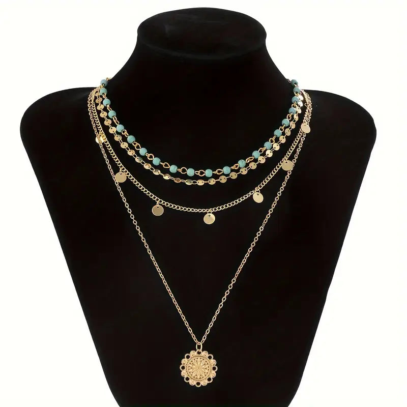 3pcs Bohemian Vintage Necklace Set – Turquoise Stone & Sequin Multilayer Clavicle Chain