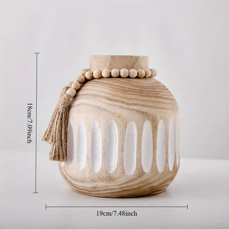 Boho Wood Vase Tassel Decor - Handmade Round Vase for Flowers