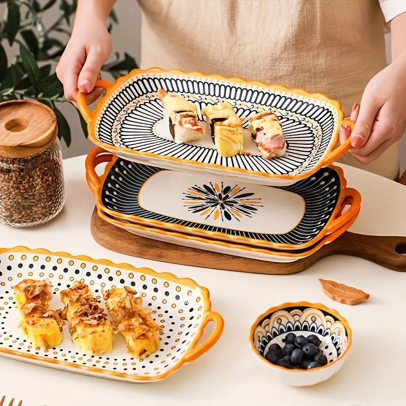 4pcs Set Ceramic Serving Plates with Handles - 30.48cm Rectangular, Nordic-Inspired Design